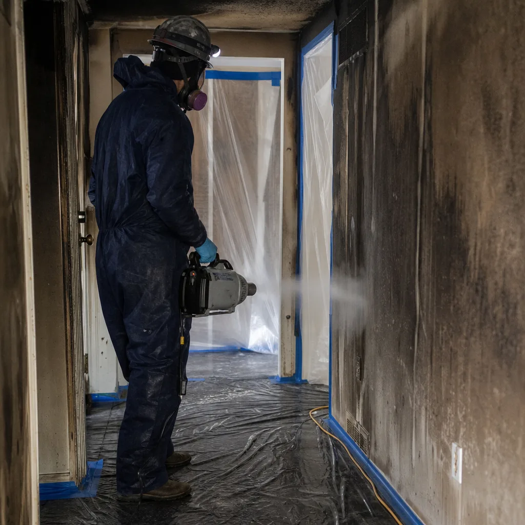 Technician performing professional fire and smoke damage restoration and odor removal