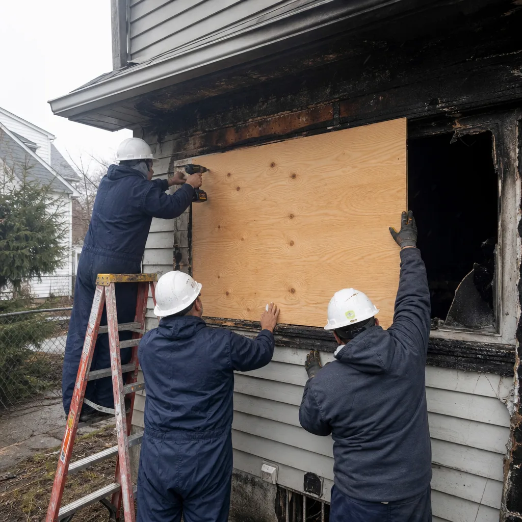 Contractors boarding up a window at a fire damage restoration site