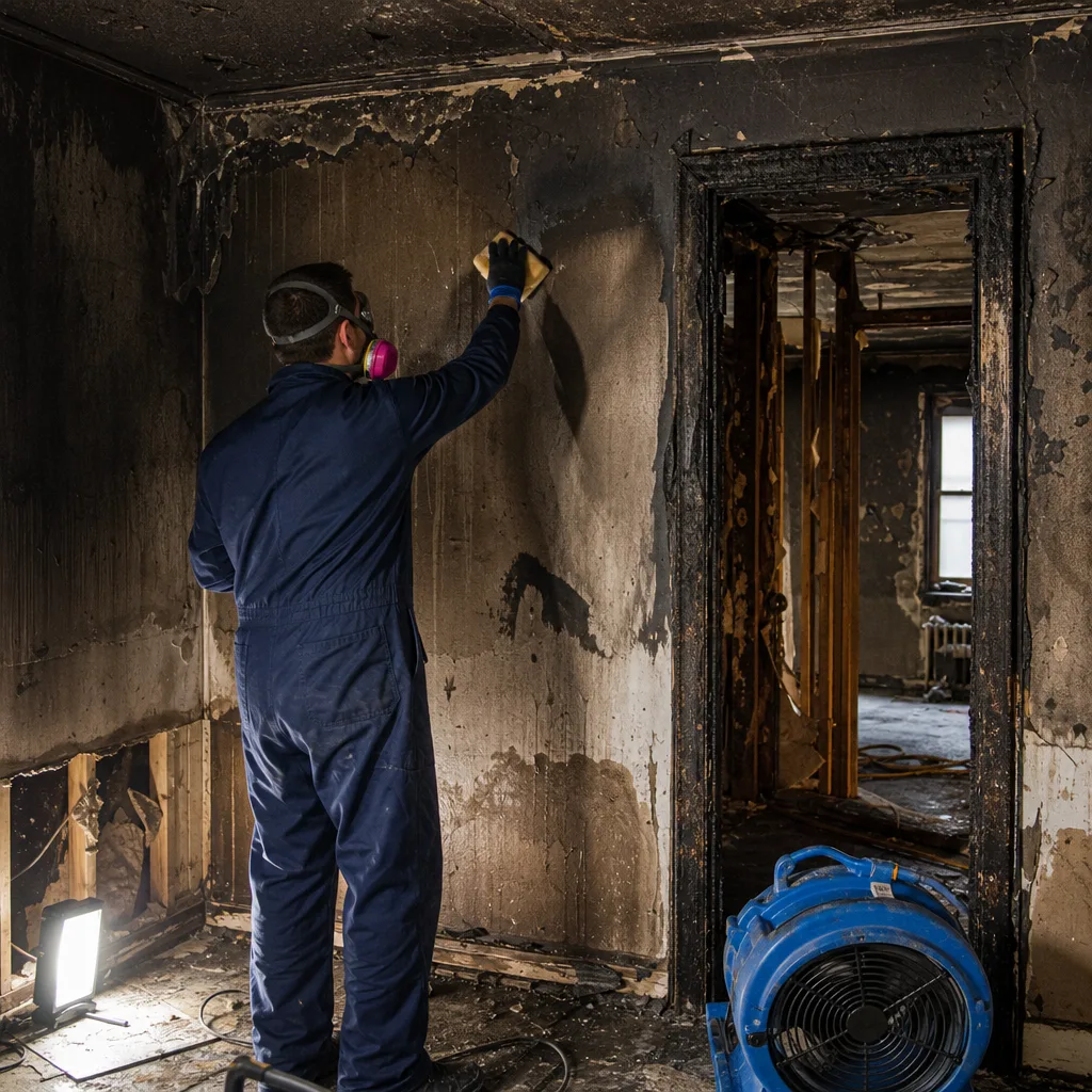 Technician performing fire and smoke damage restoration on a charred wall