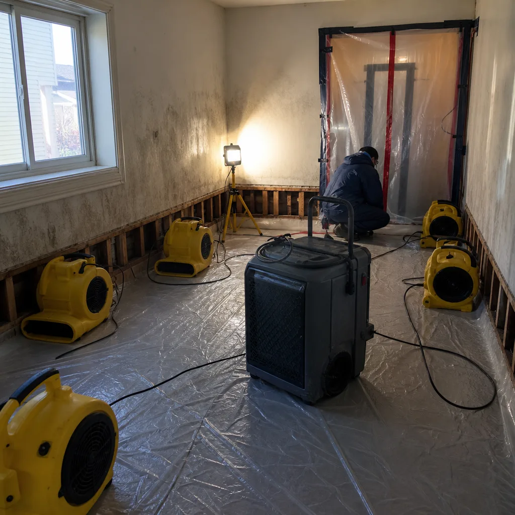Technician performing professional water damage restoration in a residential home