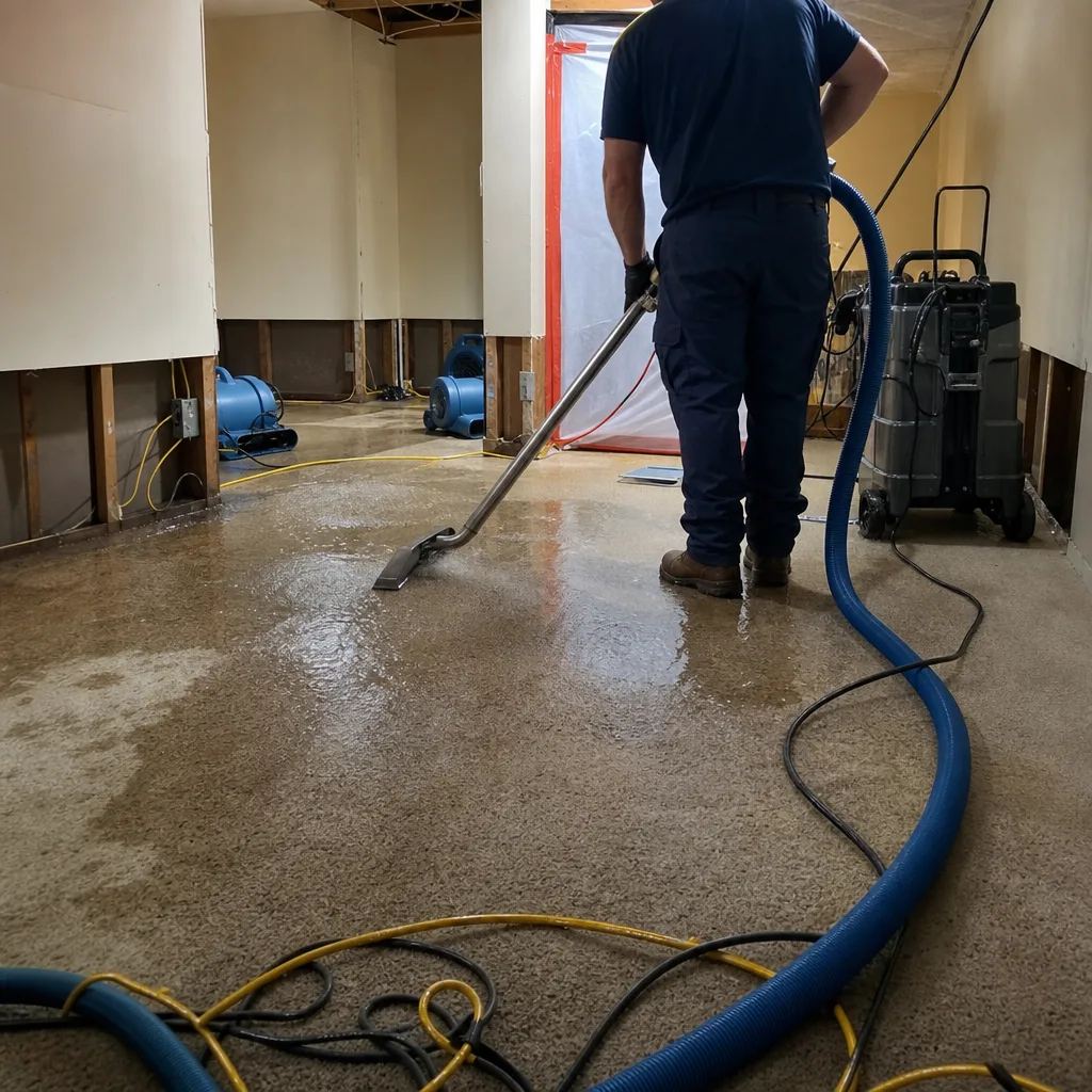 Water damage restoration technician extracting water from flooded carpeted basement floor