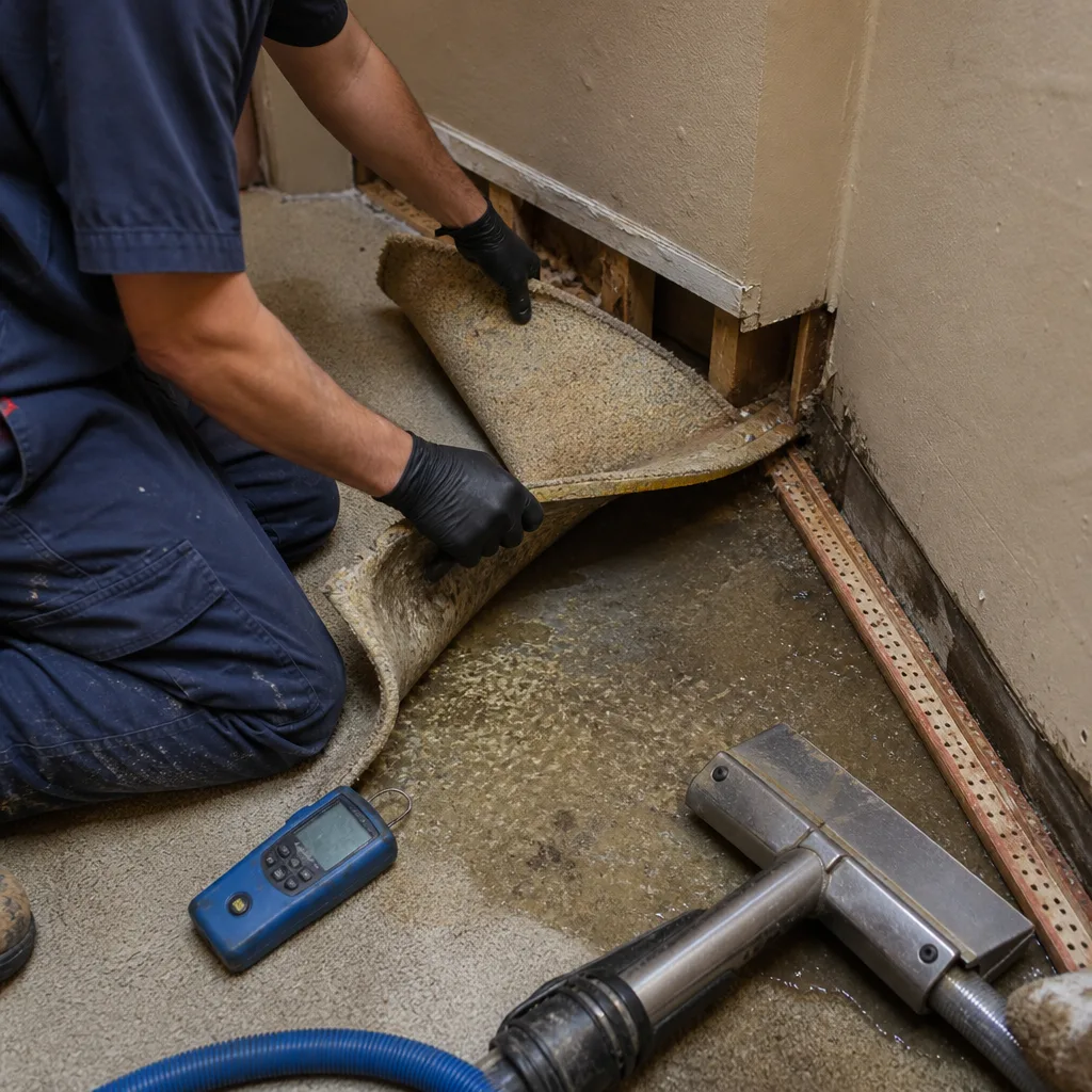 Water damage restoration technician performing professional moisture assessment and carpet extraction