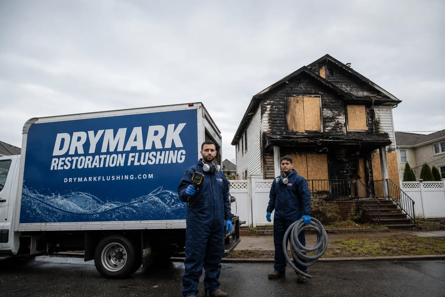 DryMark Restoration Flushing damage restoration service vehicle and crew in Flushing, NY